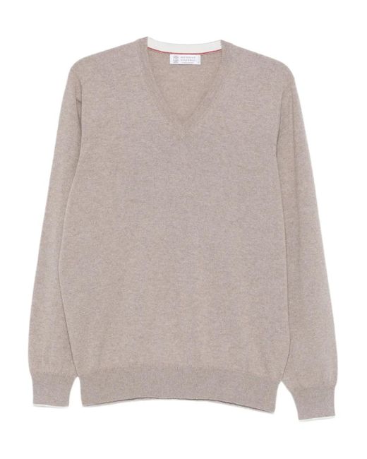 Brunello Cucinelli Natural V-Neck Cashmere Sweater for men