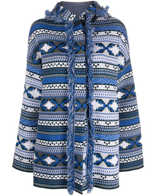 Charlott Fringed Intarsia-knit Wool Cardi-coat in het Blue