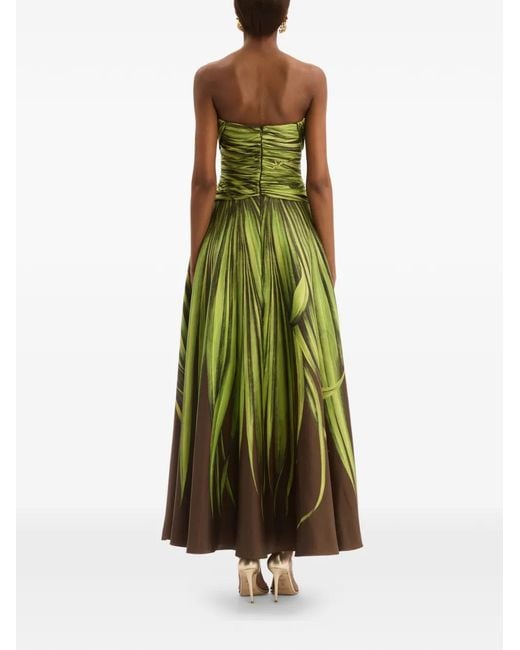 Oscar de la Renta Green Palm Leaves Silk Twill Cocktail Dress