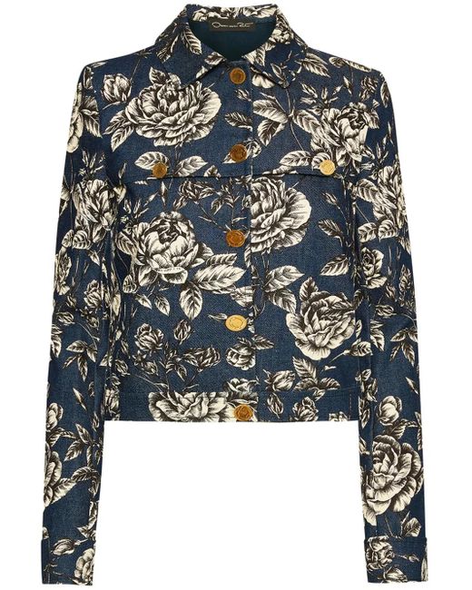 Oscar de la Renta Blue Rose-Print Denim Jacket