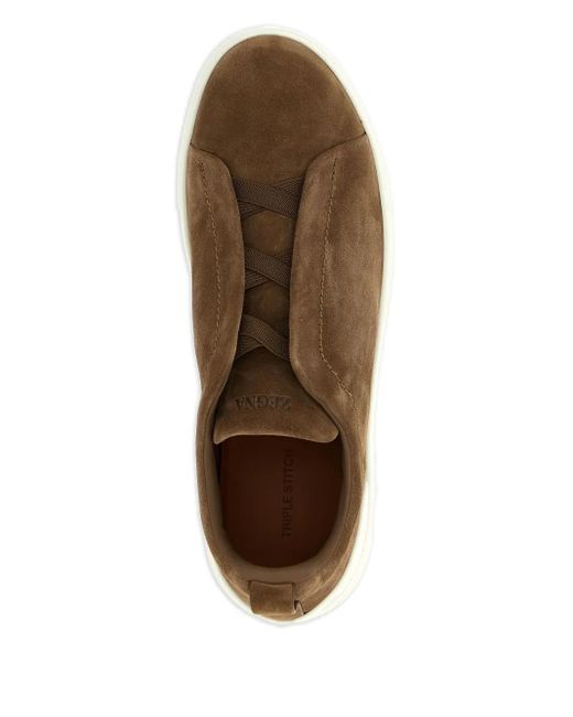 Zegna Brown Triple-Stitch Suede Sneakers for men