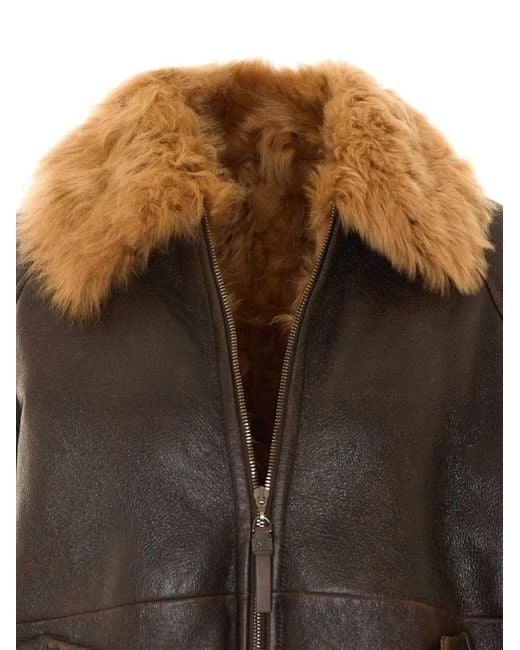 Brunello Cucinelli Brown Shearling-Collar Leather Jacket