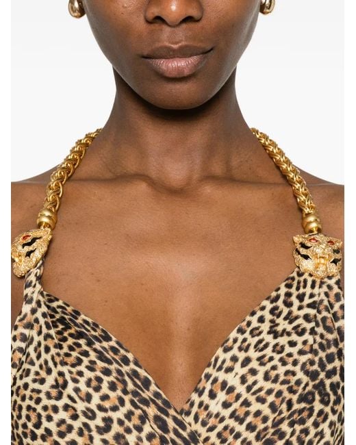 Roberto Cavalli Natural Chain-Strap Leopard-Print Maxi Dress