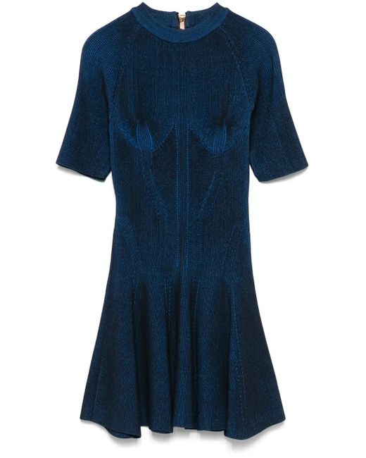 Balmain Blue Ribbed-Knit Mini Dress