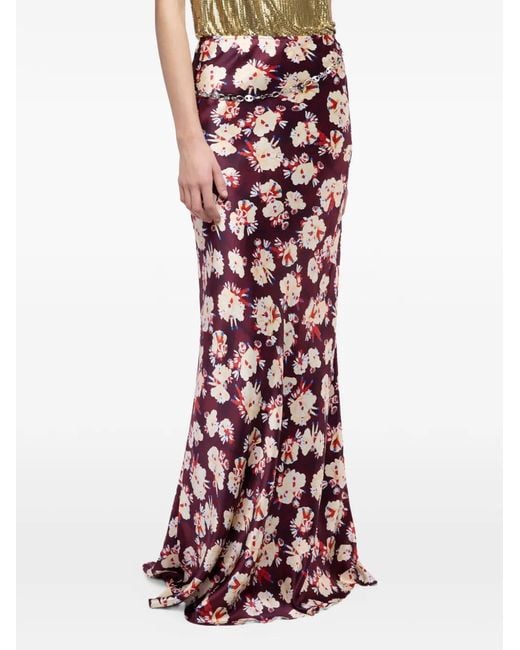 Rabanne Red Floral-Pattern Silk Maxi Skirt