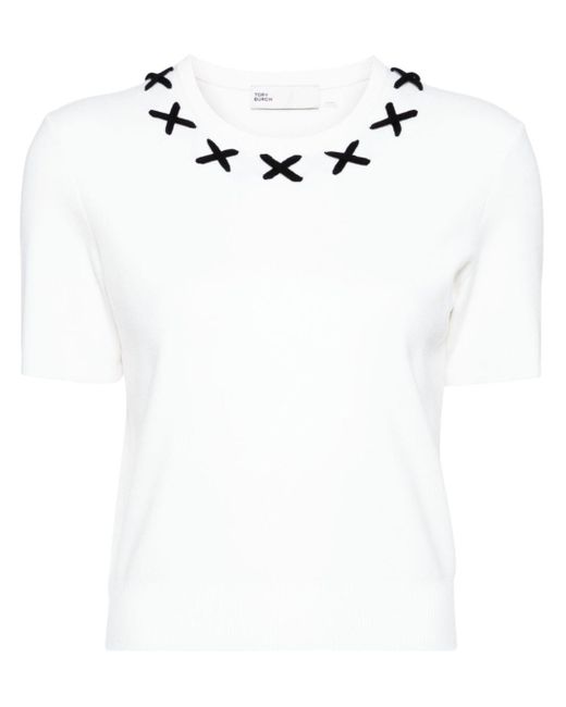 Tory Burch White Lace-up Knitted Top