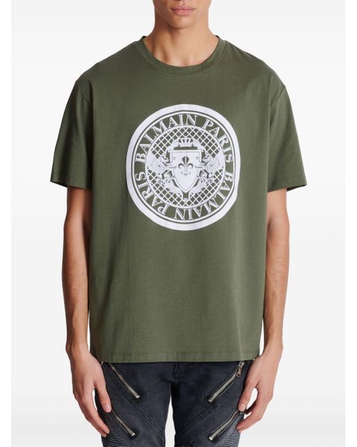 Balmain Gray Coin-print Cotton T-shirt for men