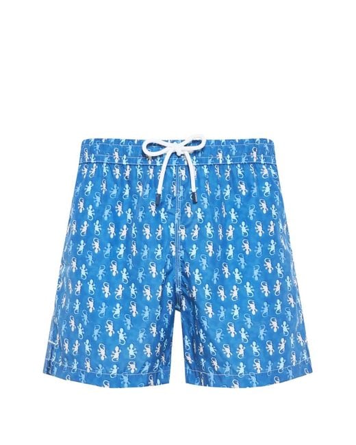 Fedeli Blue Lizard-Print Swim Shorts for men