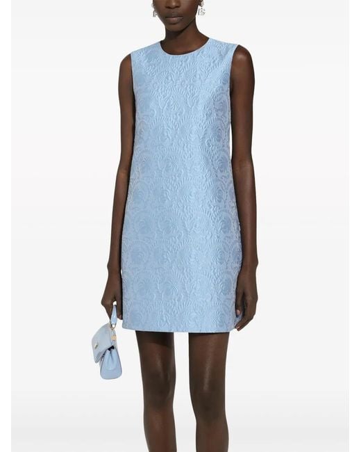 Dolce & Gabbana Blue Short Floral Quilted Jacquard A-Line Dress