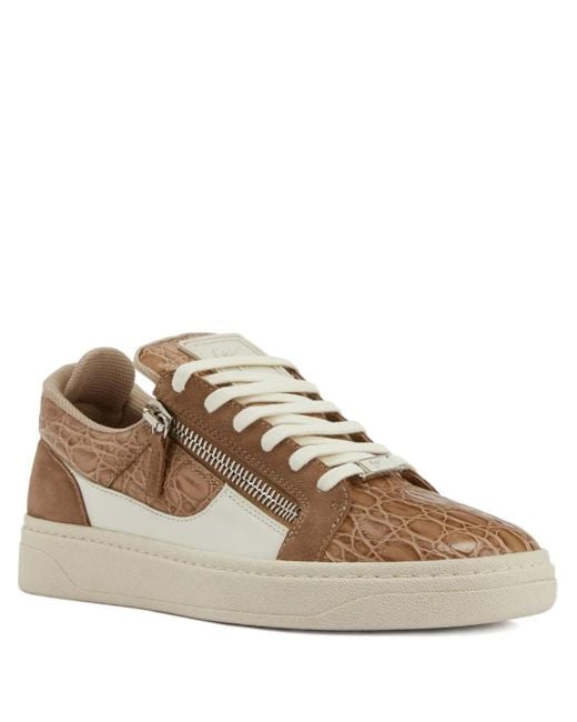 Giuseppe Zanotti Brown Crocodile-Effect Zip Low-Top Sneakers for men