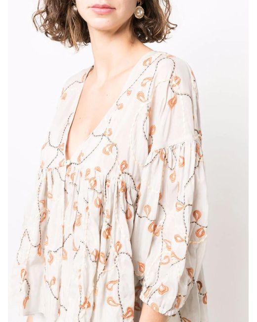 Alysi Natural Embroidered Flounce Smock Top