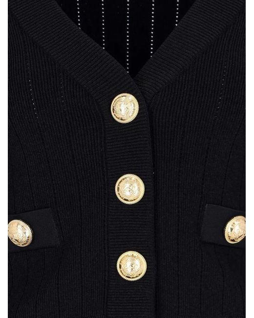 Balmain Black Gerippter Cardigan Mit Goldenen Knöpfen