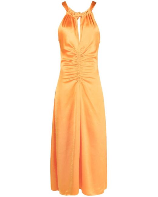 Sandro Orange Ruched Satin Midi Dress