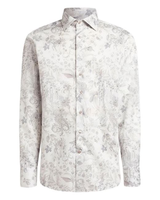 Etro White Chemise En Satin À Motif Flora Fauna for men