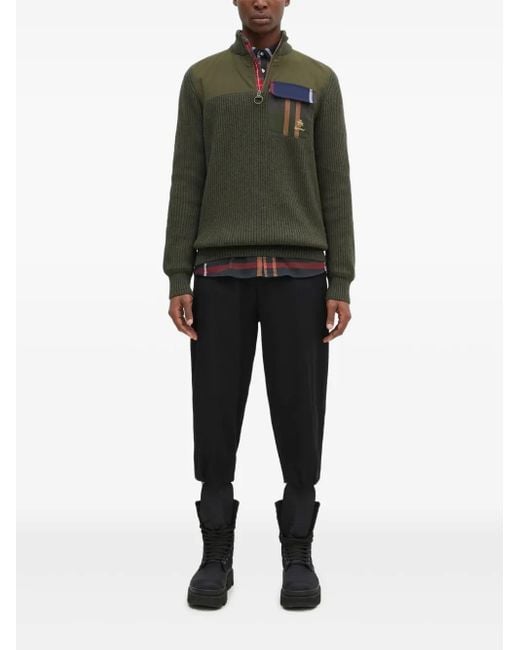 Baracuta Men's Green X Barbour Miller Ribbed Half-Zip Pocket Sweater