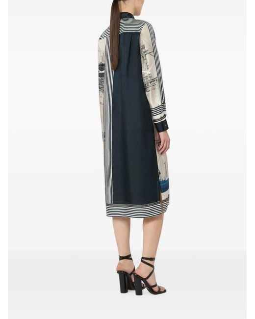 Max Mara White Nautical-Print Silk Midi Dress