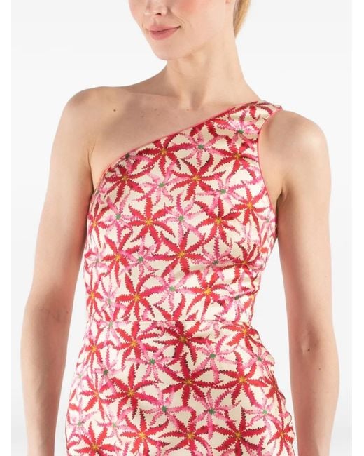 Saloni Red Justine One-Shoulder Floral Midi Dress