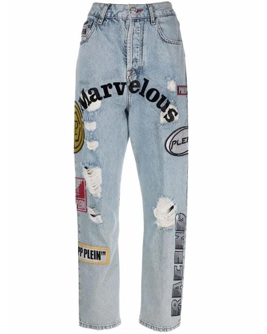 Philipp Plein Boyfriend Jeans Met Patchwork in het Blue