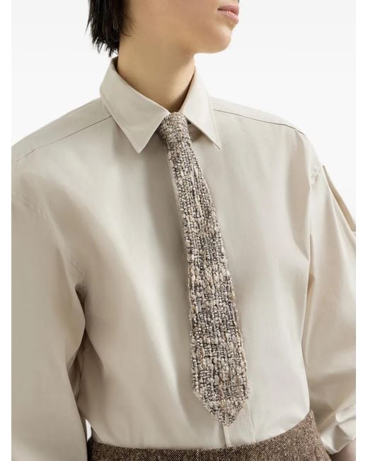 Brunello Cucinelli White Dazzling Craquelè Embroidery Tie In Mohair And Wool
