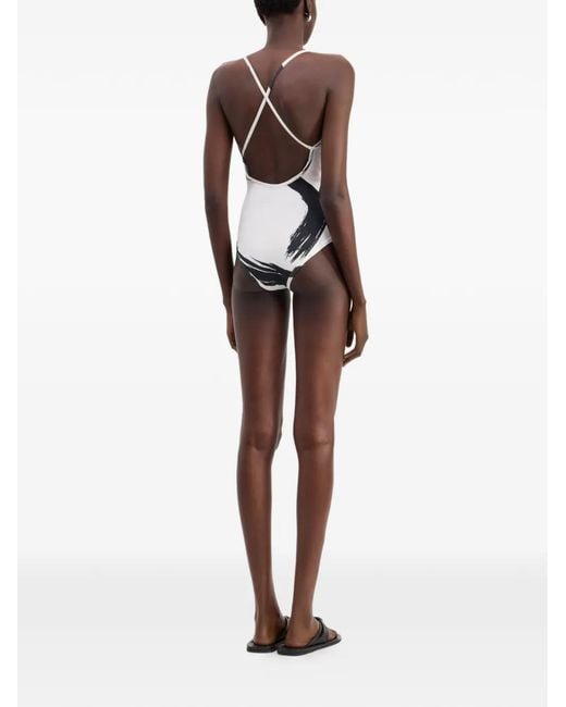 Loulou de Saison White Criss-Crossing Straps Printed Swimsuit