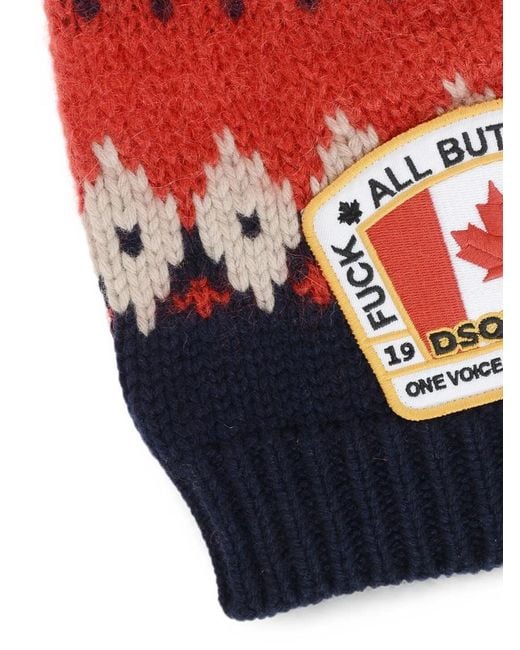DSquared² Red Fair Isle Logo-Patch Beanie Hat for men