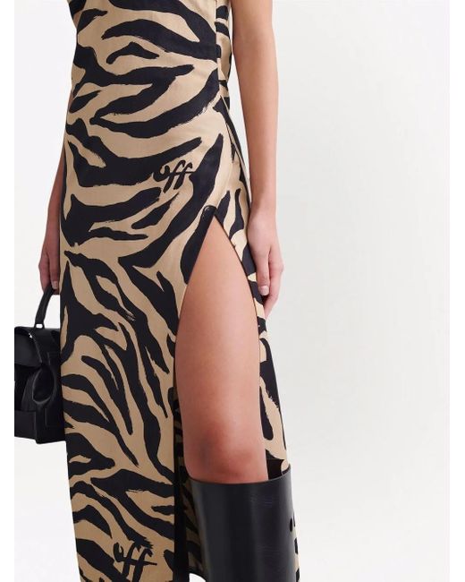 Off-White c/o Virgil Abloh Natural Zebra Print Linen Blend Midi-dress