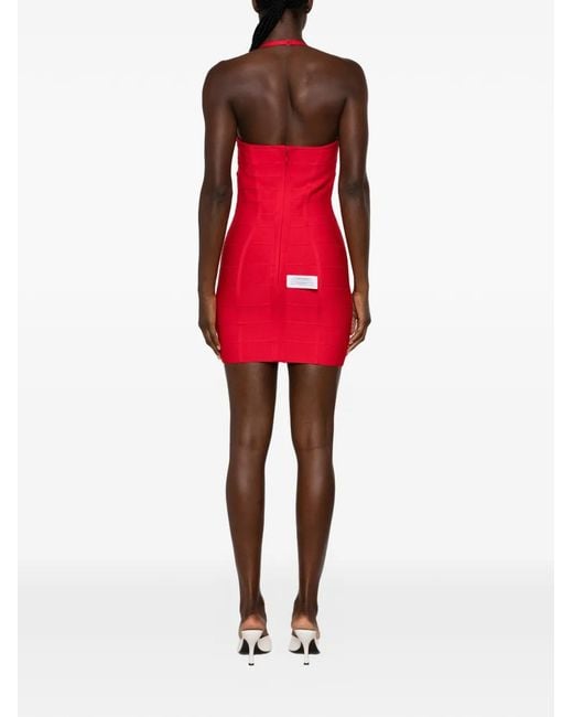 Hervé Léger Red Holly Bandage Halterneck Mini Dress