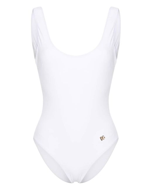 Dolce & Gabbana White Racer-style Logo-plaque Swimsuit