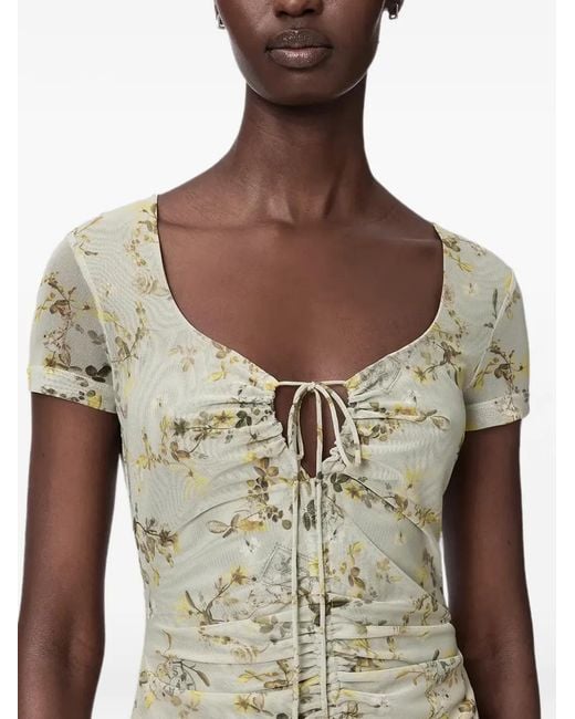 AllSaints Natural Gabby Floral-Print Ruched Midi Dress