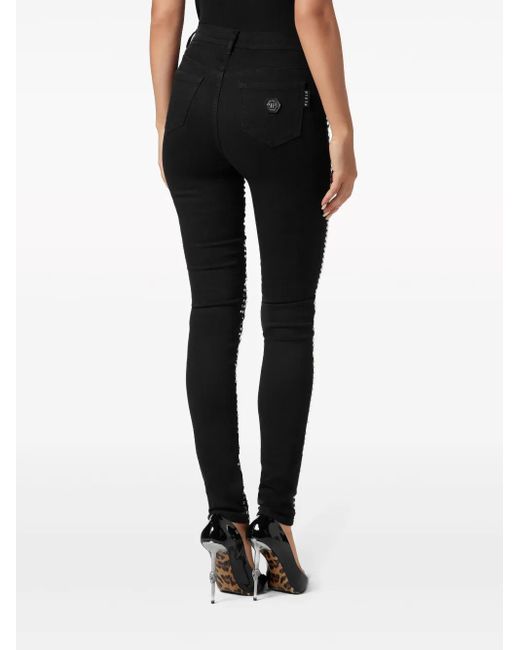 Philipp Plein Black Crystal-Embellished Cotton Blend Skinny Jeans
