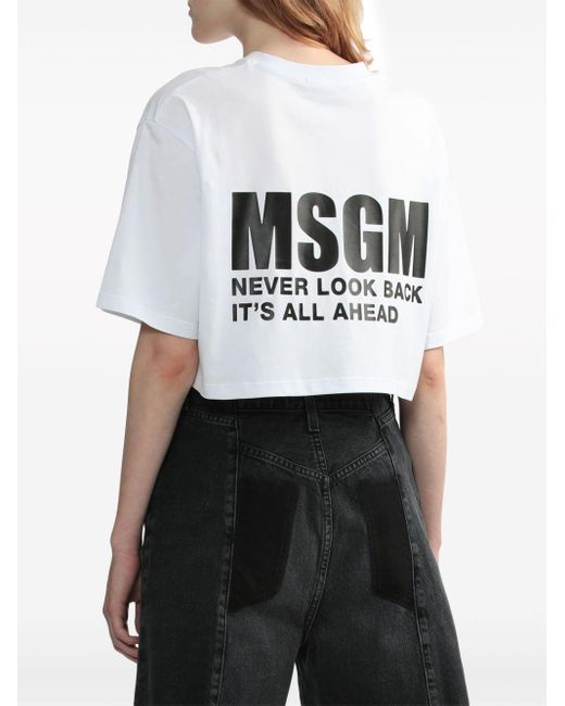 MSGM White Logo-print Cotton Cropped T-shirt