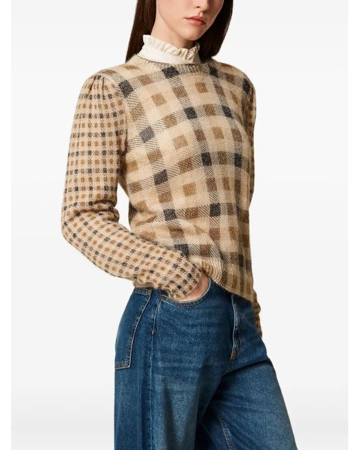 Twinset Natural Puff-Sleeve Check-Print Sweater
