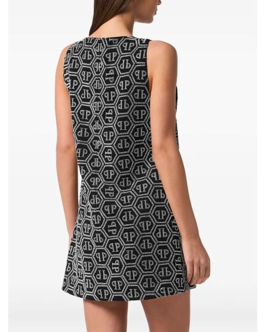 Philipp Plein Black Monogram Strass Mini Dress