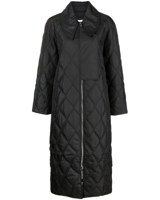 Ganni Black Quilted Midi Coat