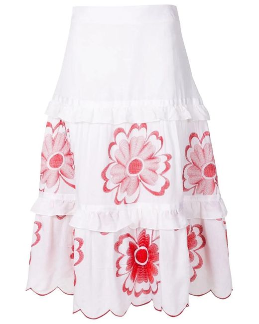 Amir Slama White Floral-Embroidered Tiered Skirt