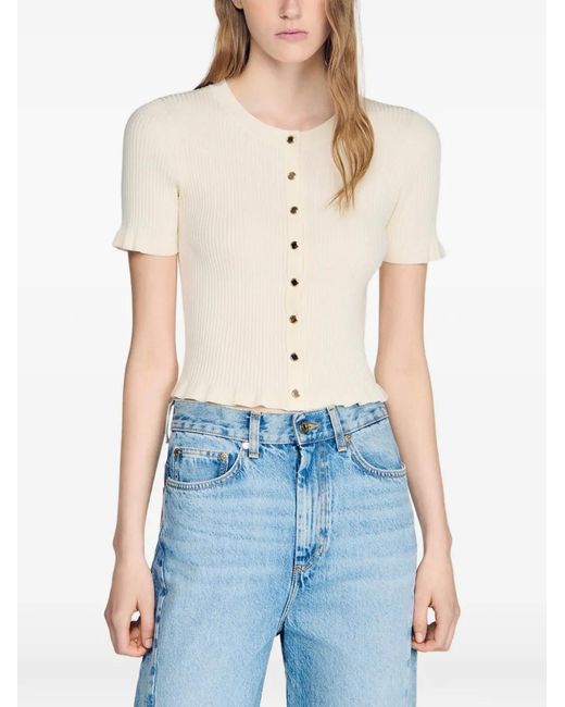 Sandro White Ruffle-Trim Ribbed-Knit Cardigan