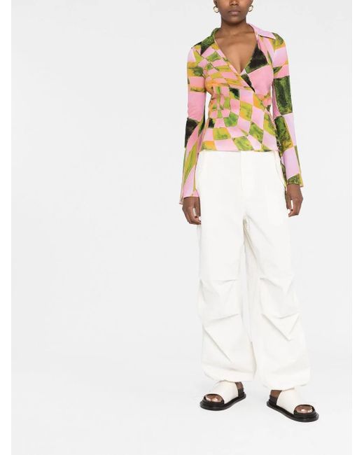 Louisa Ballou Pink Graphic-Print Silk-Blend Wrap Blouse