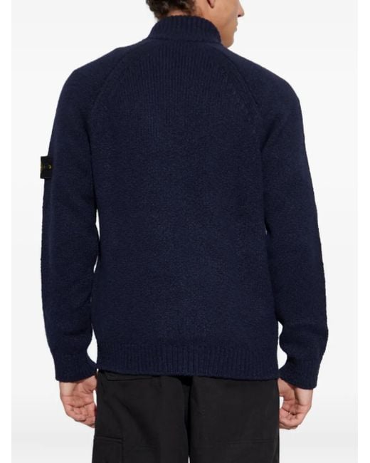 Stone Island Blue Zip-Front Patch-Pocket Wool Sweater for men