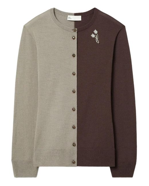 Tory Burch Brown Colourblock Brooch Wool Cardigan