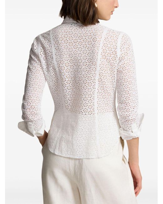 Polo Ralph Lauren White Floral-embroidery Linen Shirt