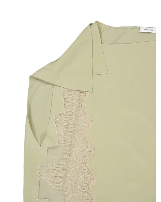 Ferragamo Green Lace-Panelled Pintuck Top
