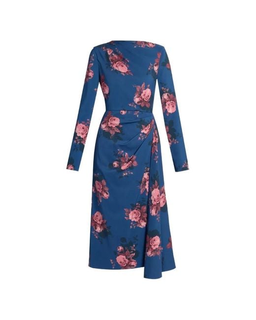 Erdem Blue Floral-Print Draped Dress