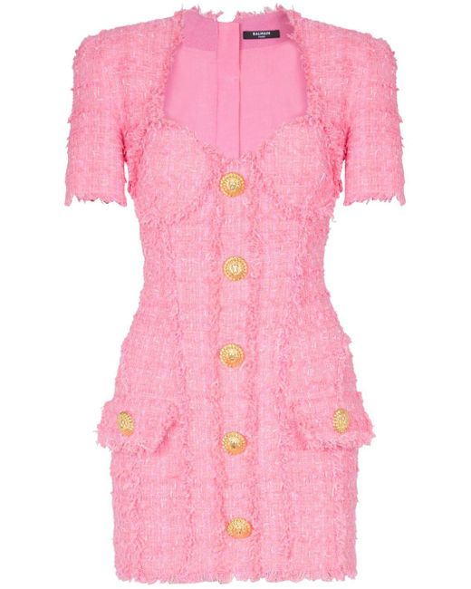 balmain pink tweed dress BALMAIN: Pink LS Buttoned Light Tweed Minidress