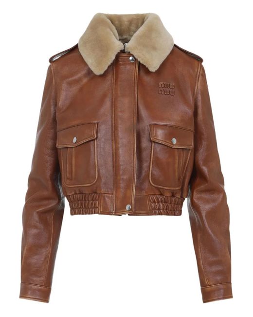 Miu Miu Leren Jack Met Lammy Kraag in het Brown