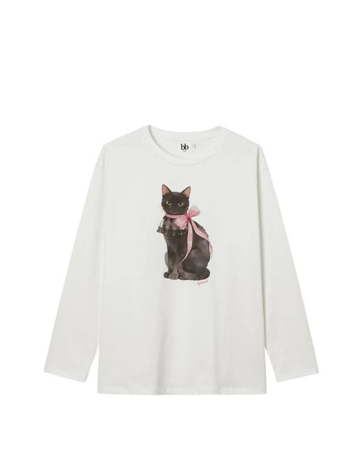 B+ AB White Cat-Print Long-Sleeve T-Shirt