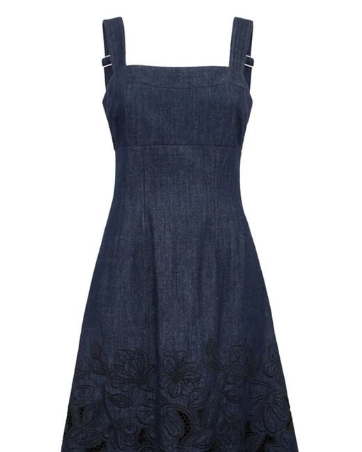 Veronica Beard Blue Floral-Embroidery Midi Dress