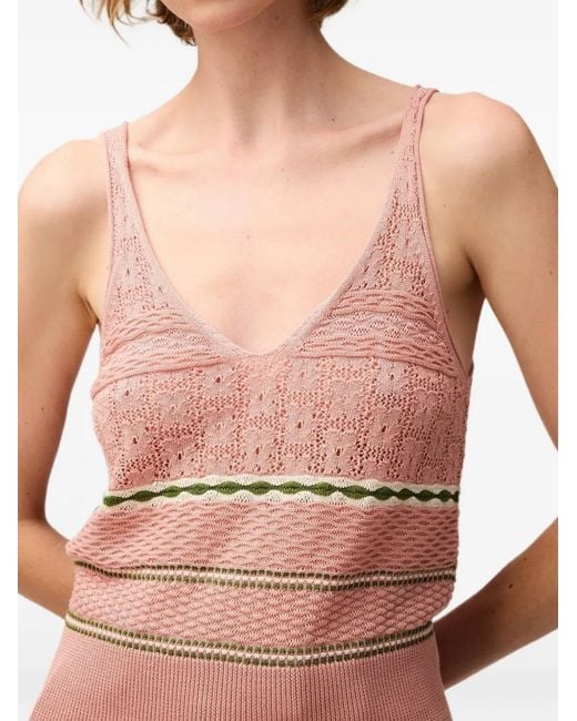 RETORI Pink Mix-Stitch Striped V-Neck Knitted Cotton Tank Top