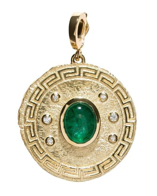 Azlee Metallic 18kt Yellow Gold Large Greek Emerald And Diamong Coin Pendant