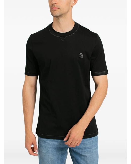Brunello Cucinelli Black Logo-Embroidered Crew-Neck T-Shirt for men
