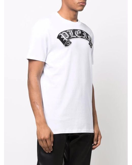 Philipp Plein White Rhinestone-Embellished Branded T-Shirt